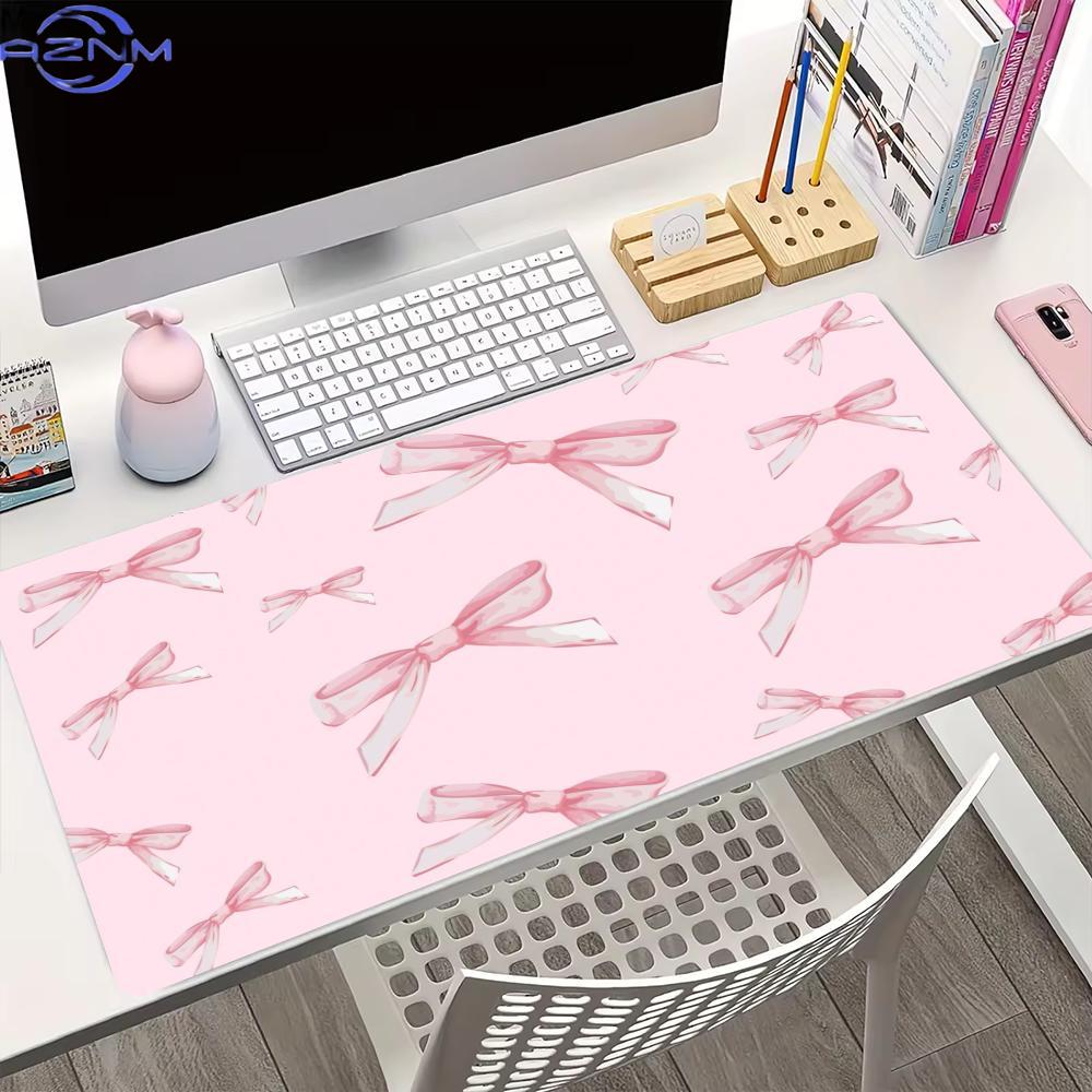 Pc Gaming Pink - XXLサイズのピンクのリボン付きマウスパッド、ゴム製滑り止めゲーミングXLデスクマット、精密な縁取り加工、コンピューターPCオフィスアクセサリー用